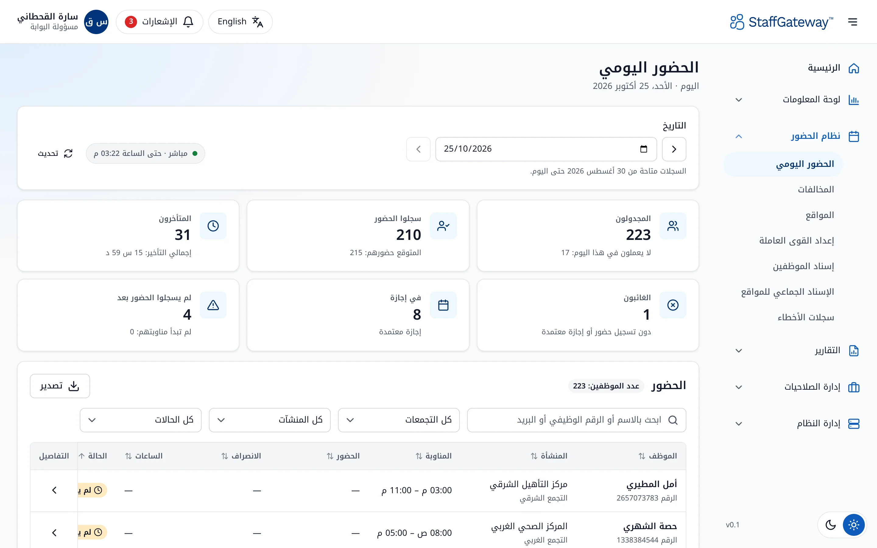 الحضور اليومي في StaffClock للمسؤولين، مع حضور الموظف على الجوال