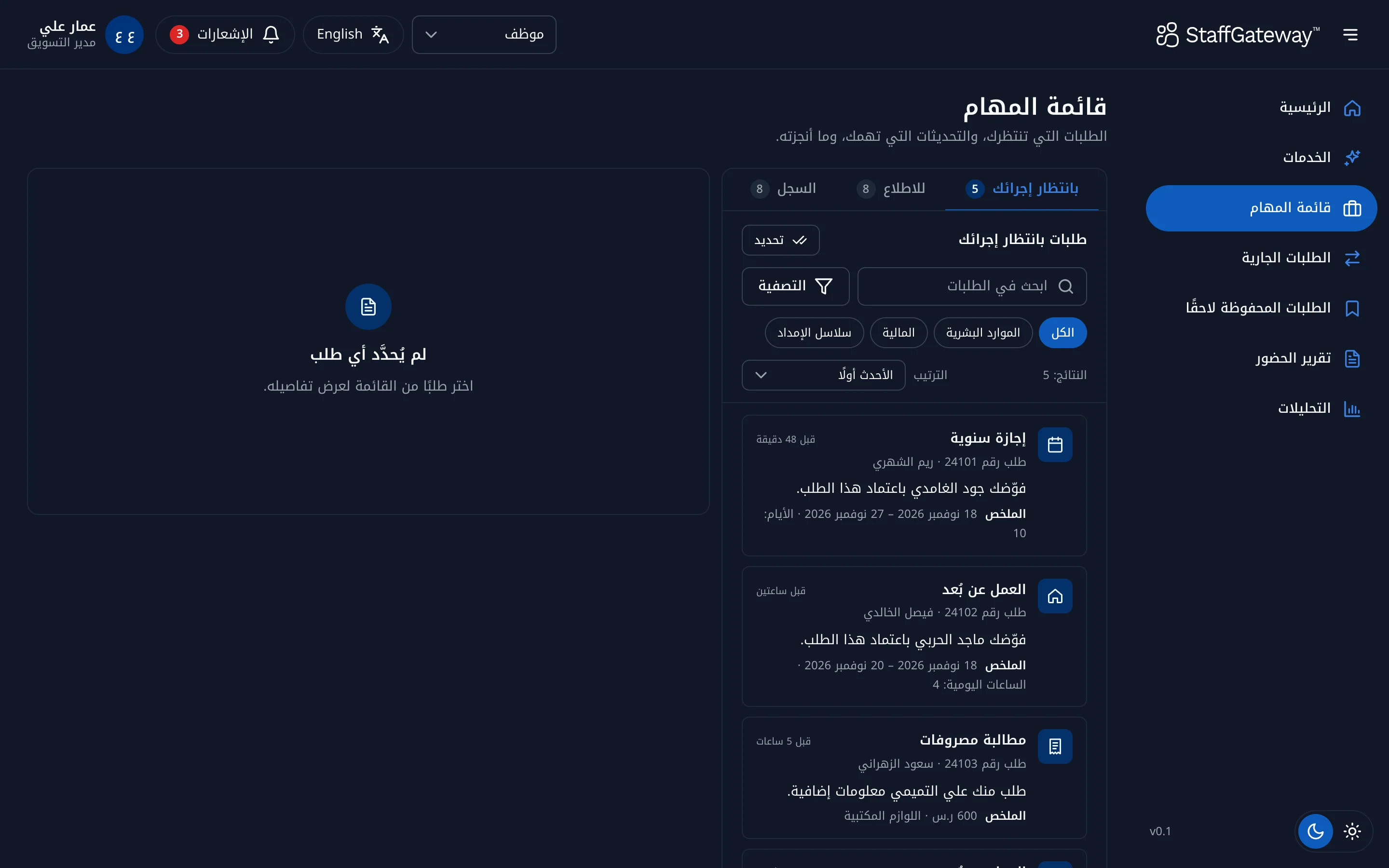 قائمة مهام المدير وفيها طلبات بانتظار الإجراء