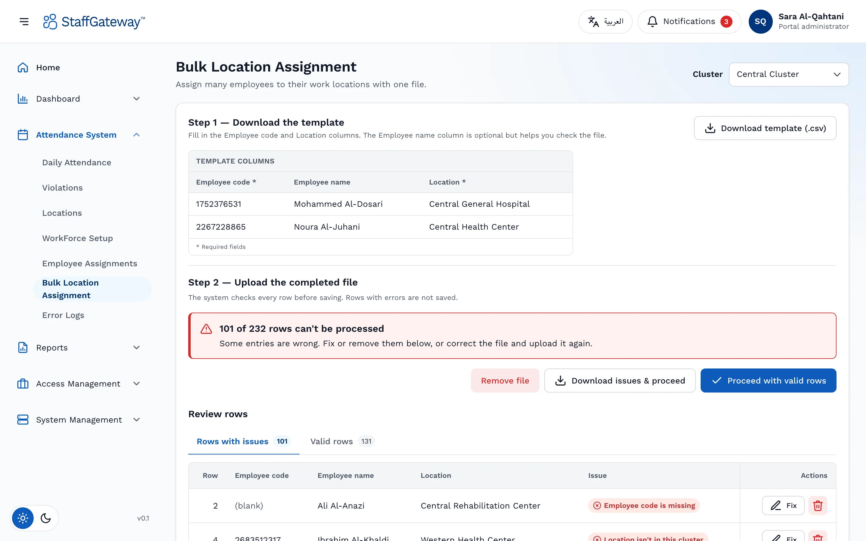 Bulk location assignment with row-level validation of an uploaded file