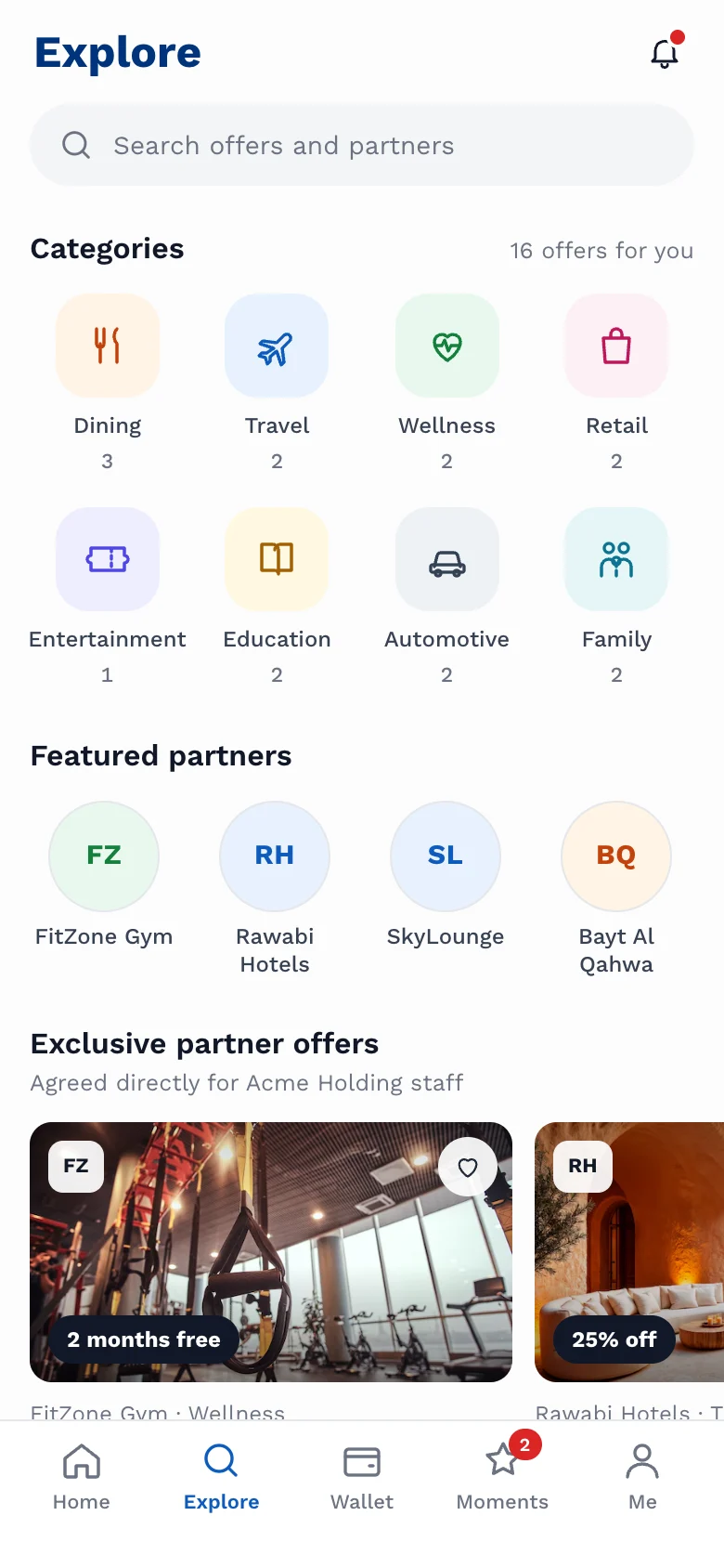 StaffCare employee offer browsing, with categories and benefit details