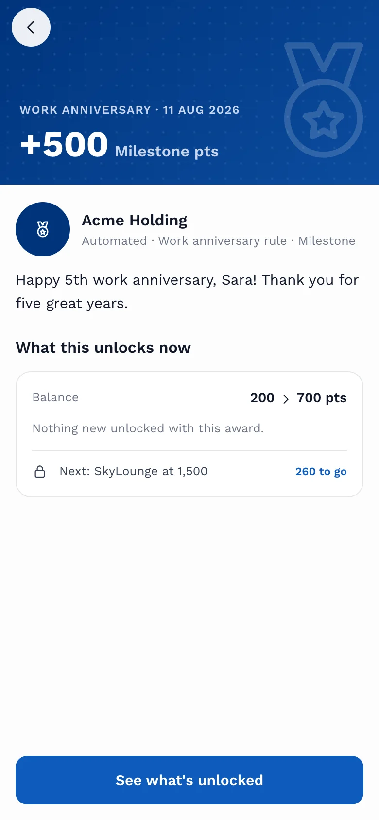 Employee recognition and points information in the StaffCare mobile app